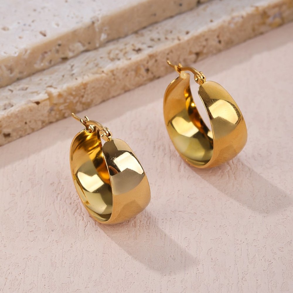 Gold Hoop Earrings, Vintage Stainless Steel Mirror Finish Hoop Earrings - Picture 3 of 4